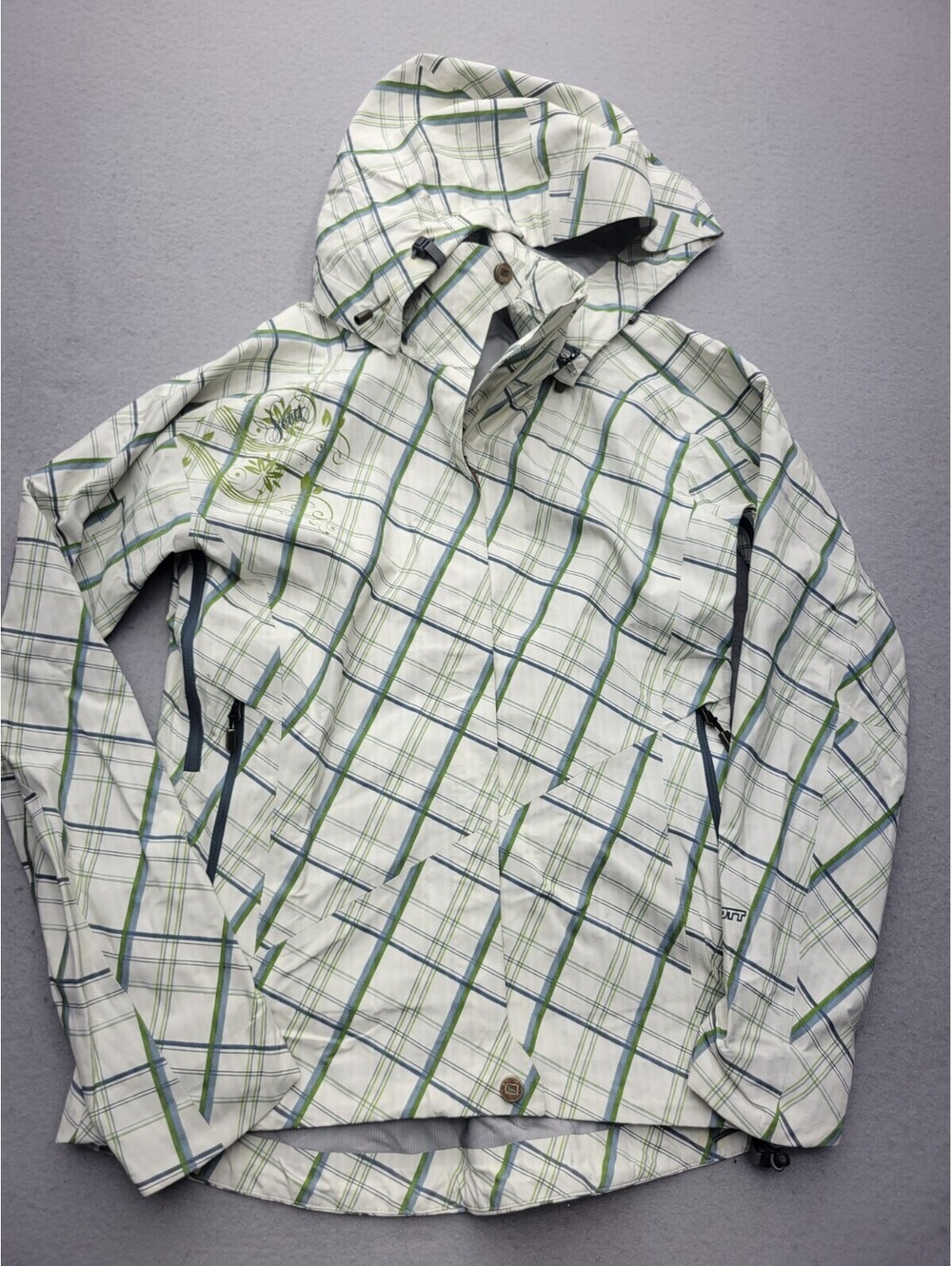 Scott Women's Coat Medium White Green Rain Plaid Hooded Ventilation Logo Casual